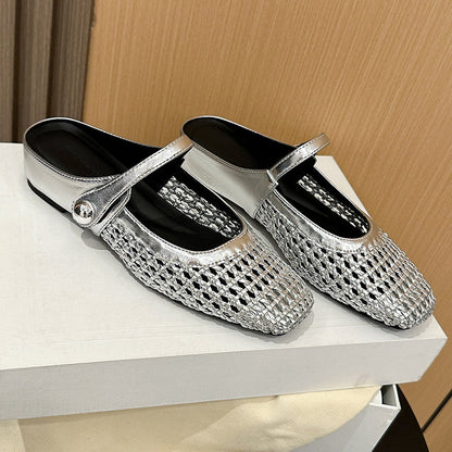 👡50 % Rabatt!☁️Damen-Mules aus gewebtem Material mit eckiger Spitze und Mary-Jane-Verschluss