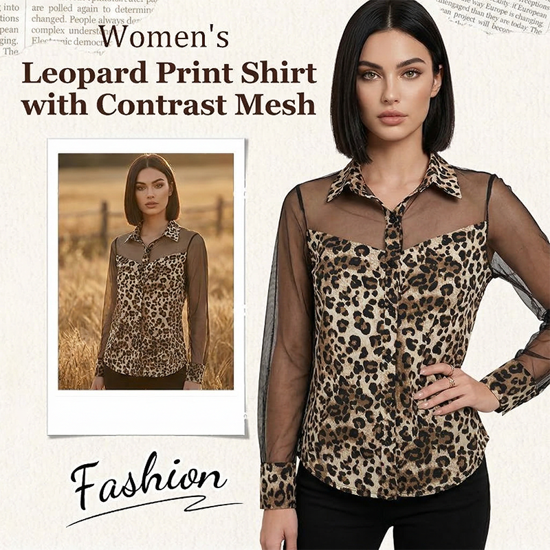 👚 50% RABATT! 🐆 Damenbluse mit Leopardenmuster & Kontrast-Mesh – Langarm, Figurbetont & Perfekt für Büro bis Abendoutfit ✨