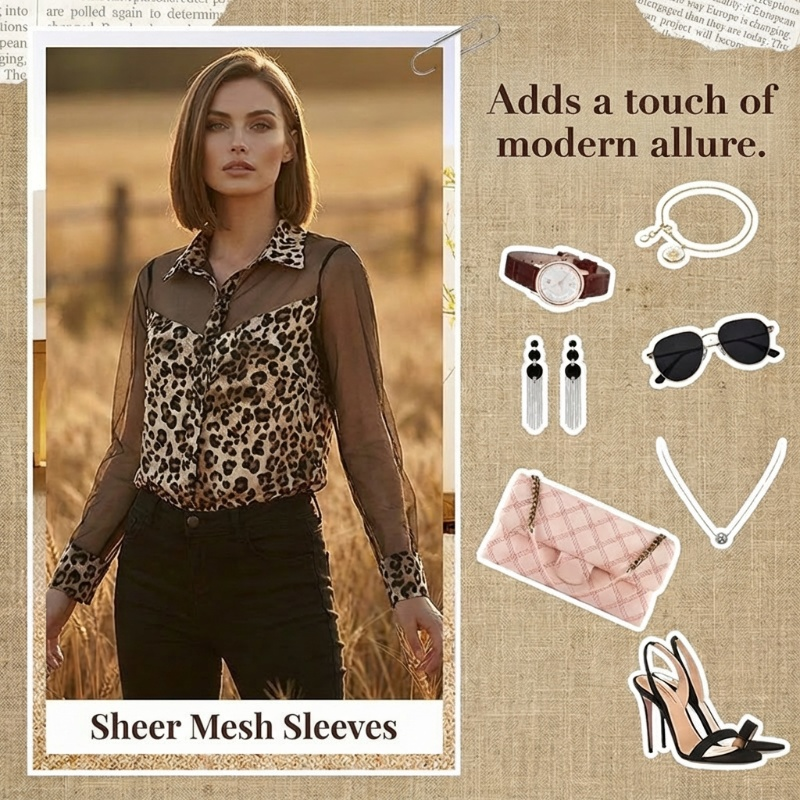 👚 50% RABATT! 🐆 Damenbluse mit Leopardenmuster & Kontrast-Mesh – Langarm, Figurbetont & Perfekt für Büro bis Abendoutfit ✨