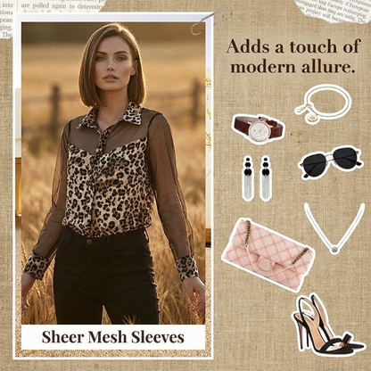 👚 50% RABATT! 🐆 Damenbluse mit Leopardenmuster & Kontrast-Mesh – Langarm, Figurbetont & Perfekt für Büro bis Abendoutfit ✨