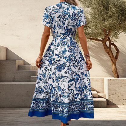 🔥Solange der Vorrat reicht 50 % Rabatt!🎉Blaues langes Kleid mit Blumendruck und V-Ausschnitt und Gürtel