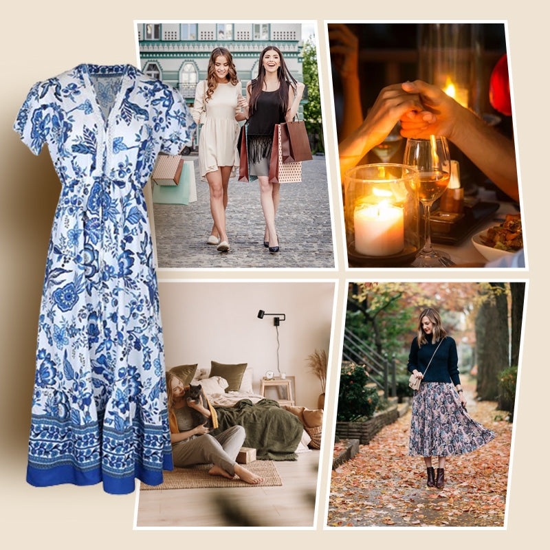 🔥Solange der Vorrat reicht 50 % Rabatt!🎉Blaues langes Kleid mit Blumendruck und V-Ausschnitt und Gürtel