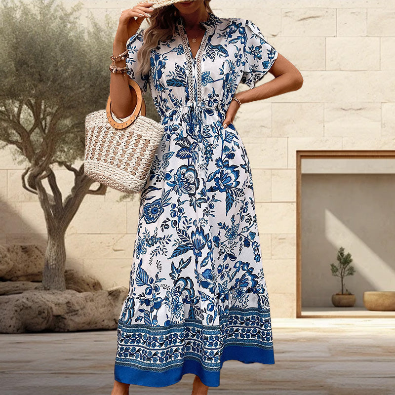 🔥Solange der Vorrat reicht 50 % Rabatt!🎉Blaues langes Kleid mit Blumendruck und V-Ausschnitt und Gürtel