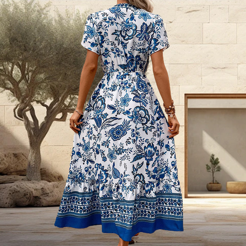 🔥Solange der Vorrat reicht 50 % Rabatt!🎉Blaues langes Kleid mit Blumendruck und V-Ausschnitt und Gürtel