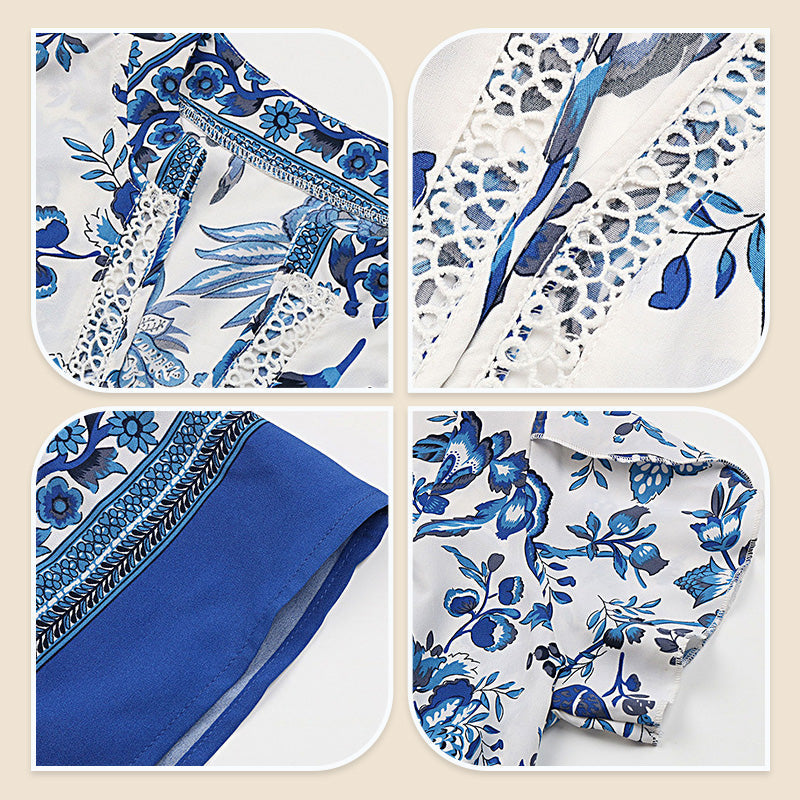 🔥Solange der Vorrat reicht 50 % Rabatt!🎉Blaues langes Kleid mit Blumendruck und V-Ausschnitt und Gürtel