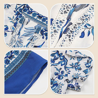🔥Solange der Vorrat reicht 50 % Rabatt!🎉Blaues langes Kleid mit Blumendruck und V-Ausschnitt und Gürtel