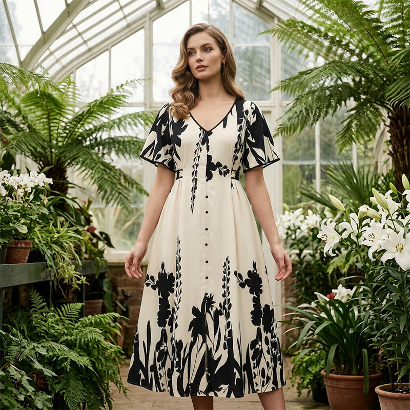 👗 50% RABATT! 🌿 Elegantes Botanisch Bedrucktes V-Ausschnitt-Midikleid – Leicht, Vielseitig & Perfekt Für Jeden Anlass 🌸