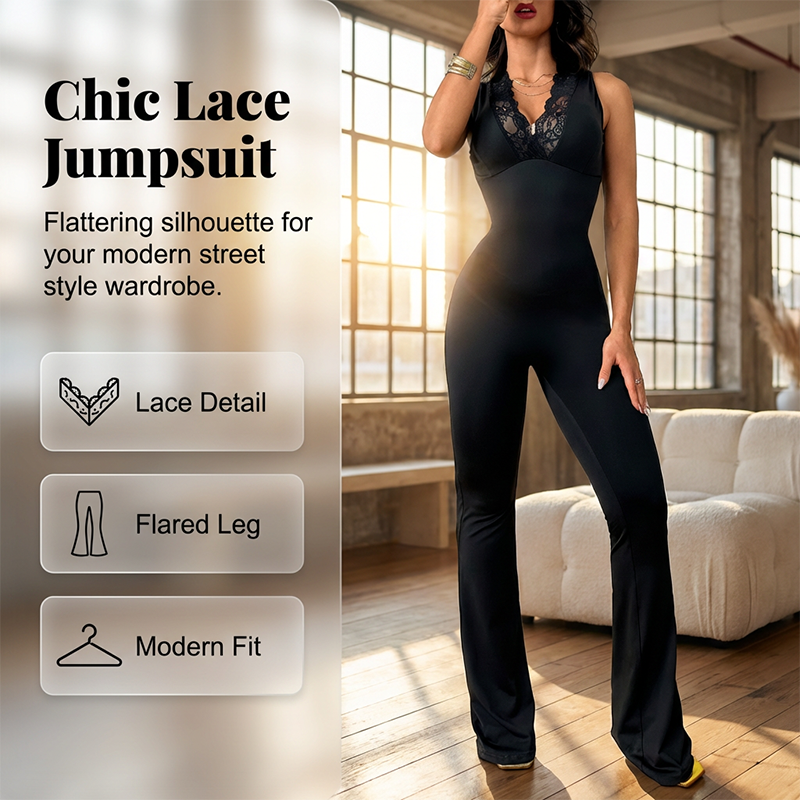 👗 50% RABATT! ✨ Eleganter Jumpsuit mit V-Ausschnitt, Spitzenverzierung & Ausgestelltem Bein – Romantischer Stil & Perfekt Für Besondere Anlässe 💃