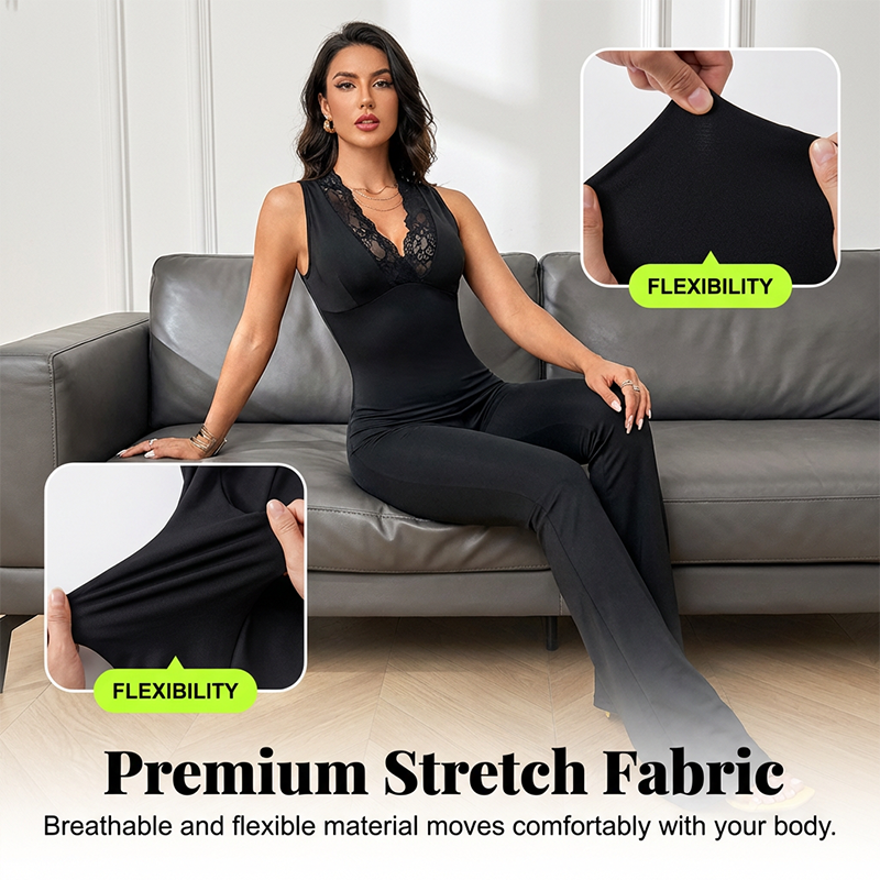 👗 50% RABATT! ✨ Eleganter Jumpsuit mit V-Ausschnitt, Spitzenverzierung & Ausgestelltem Bein – Romantischer Stil & Perfekt Für Besondere Anlässe 💃