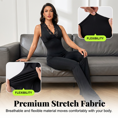 👗 50% RABATT! ✨ Eleganter Jumpsuit mit V-Ausschnitt, Spitzenverzierung & Ausgestelltem Bein – Romantischer Stil & Perfekt Für Besondere Anlässe 💃