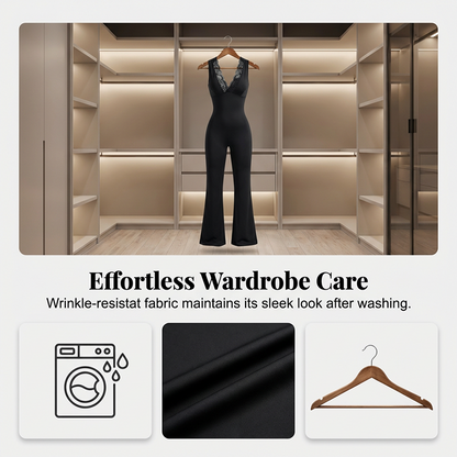 👗 50% RABATT! ✨ Eleganter Jumpsuit mit V-Ausschnitt, Spitzenverzierung & Ausgestelltem Bein – Romantischer Stil & Perfekt Für Besondere Anlässe 💃