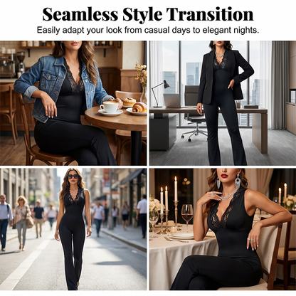 👗 50% RABATT! ✨ Eleganter Jumpsuit mit V-Ausschnitt, Spitzenverzierung & Ausgestelltem Bein – Romantischer Stil & Perfekt Für Besondere Anlässe 💃