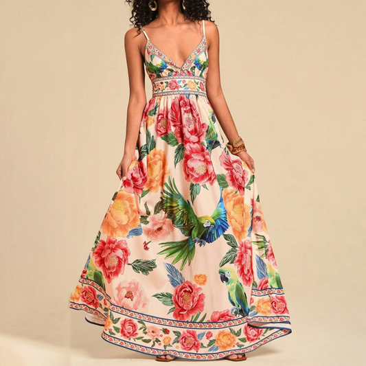 🌴 Mach dich bereit für den Sommer：Elegantes Maxikleid für den Sommer 💖 V-Ausschnitt & Spaghettiträgern 👗