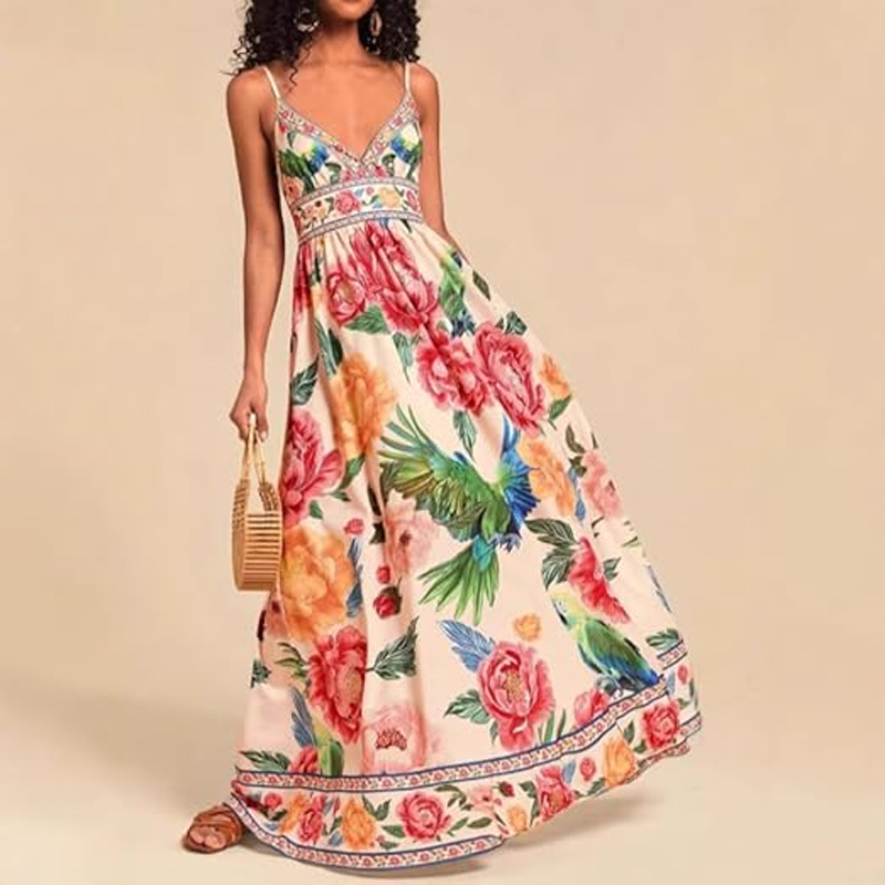 🌴 Mach dich bereit für den Sommer：Elegantes Maxikleid für den Sommer 💖 V-Ausschnitt & Spaghettiträgern 👗