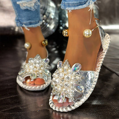 🎁Neu eingetroffen – 50 % Rabatt💥 Flache Sandalen mit Kunstperlen und Kristallverzierungen