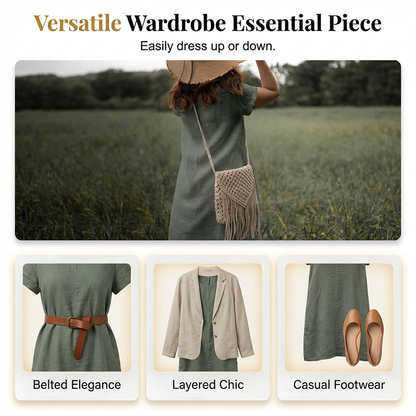 👗👗Damen Casual Leinen-Baumwollkleid mit Taschen