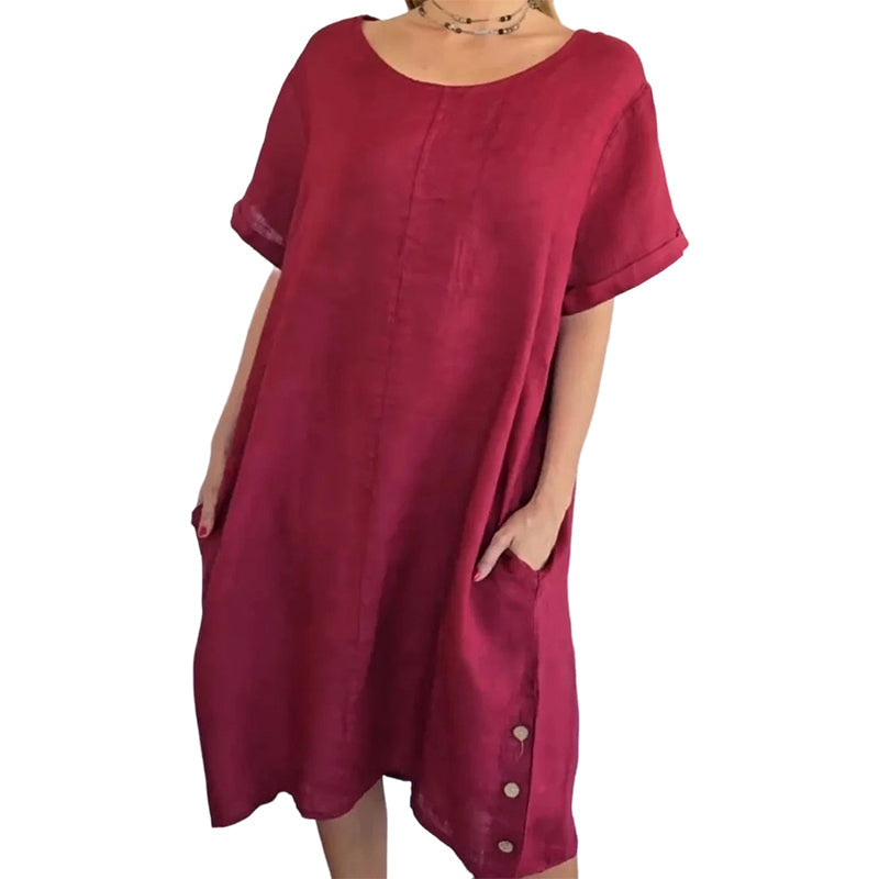 👗👗Damen Casual Leinen-Baumwollkleid mit Taschen