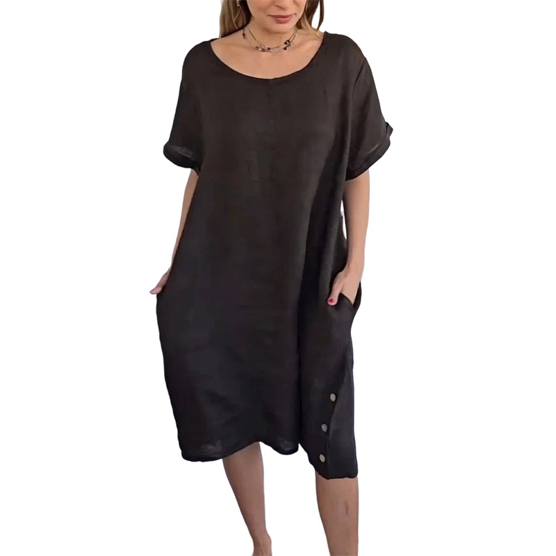 👗👗Damen Casual Leinen-Baumwollkleid mit Taschen