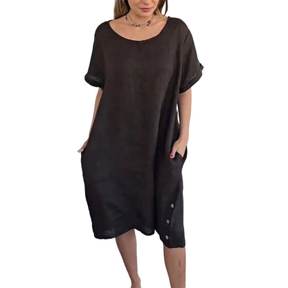 👗👗Damen Casual Leinen-Baumwollkleid mit Taschen