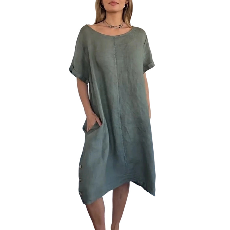 👗👗Damen Casual Leinen-Baumwollkleid mit Taschen