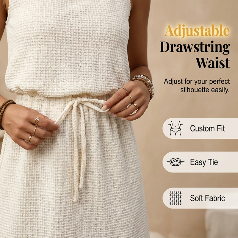 👗 50% RABATT ! ✨ Ärmelloses Damen-Kleid in Waffelpiqué – Mit Taillen-Kordelzug & Innenfutter ✨