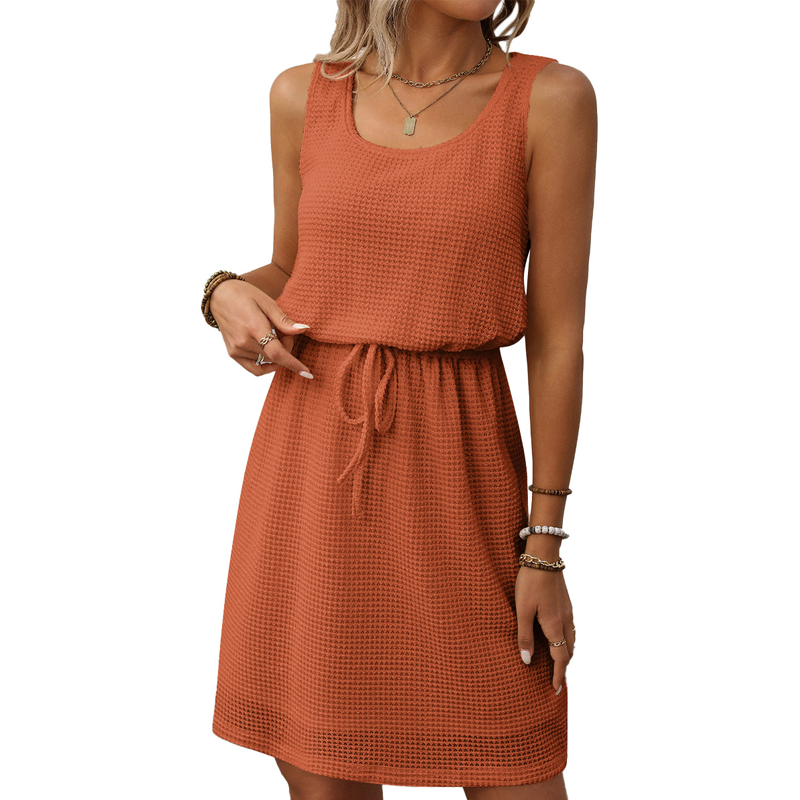 👗 50% RABATT ! ✨ Ärmelloses Damen-Kleid in Waffelpiqué – Mit Taillen-Kordelzug & Innenfutter ✨