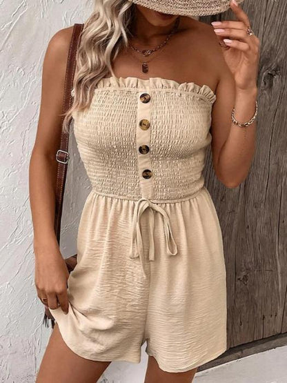 🎉Last Day Promotion 50% OFF💃Frauen trägerlos Rüschenbesatz geraffte Krawatte vorne weites Bein Rohr Romper