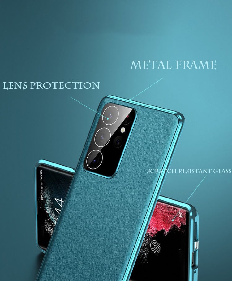 Leder + Glas Doppelseitige Magnetische Hülle für Samsung S23 Ultra