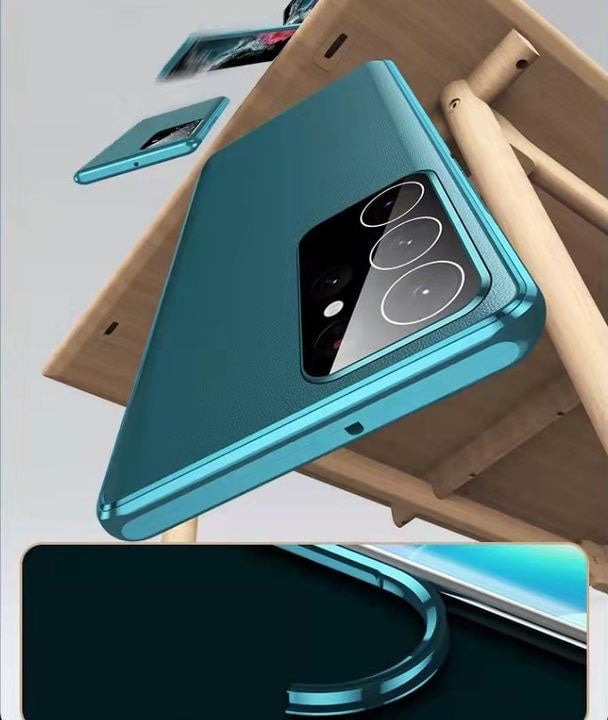 Leder + Glas Doppelseitige Magnetische Hülle für Samsung S23 Ultra