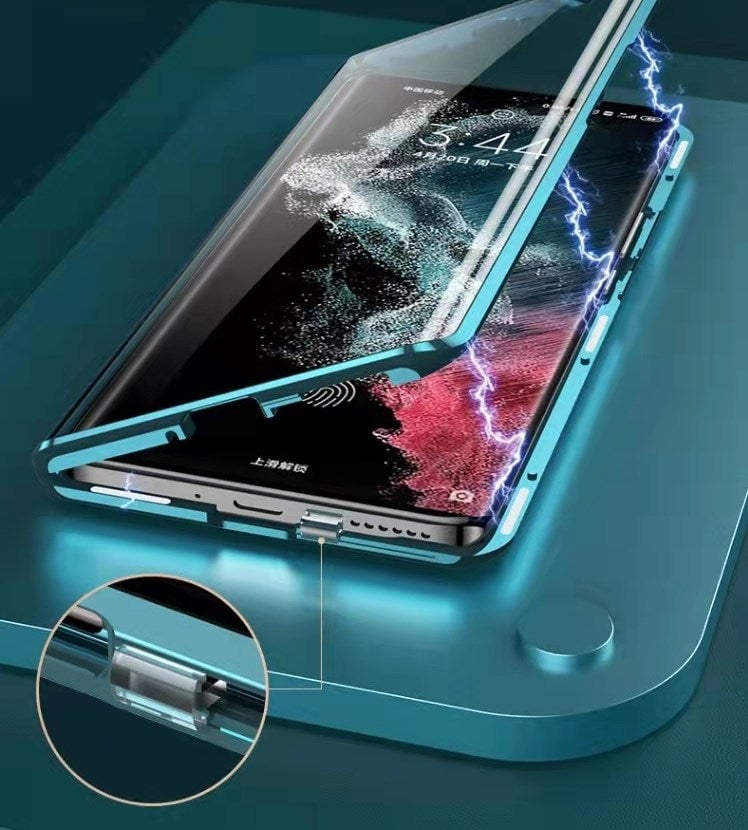 Leder + Glas Doppelseitige Magnetische Hülle für Samsung S23 Ultra